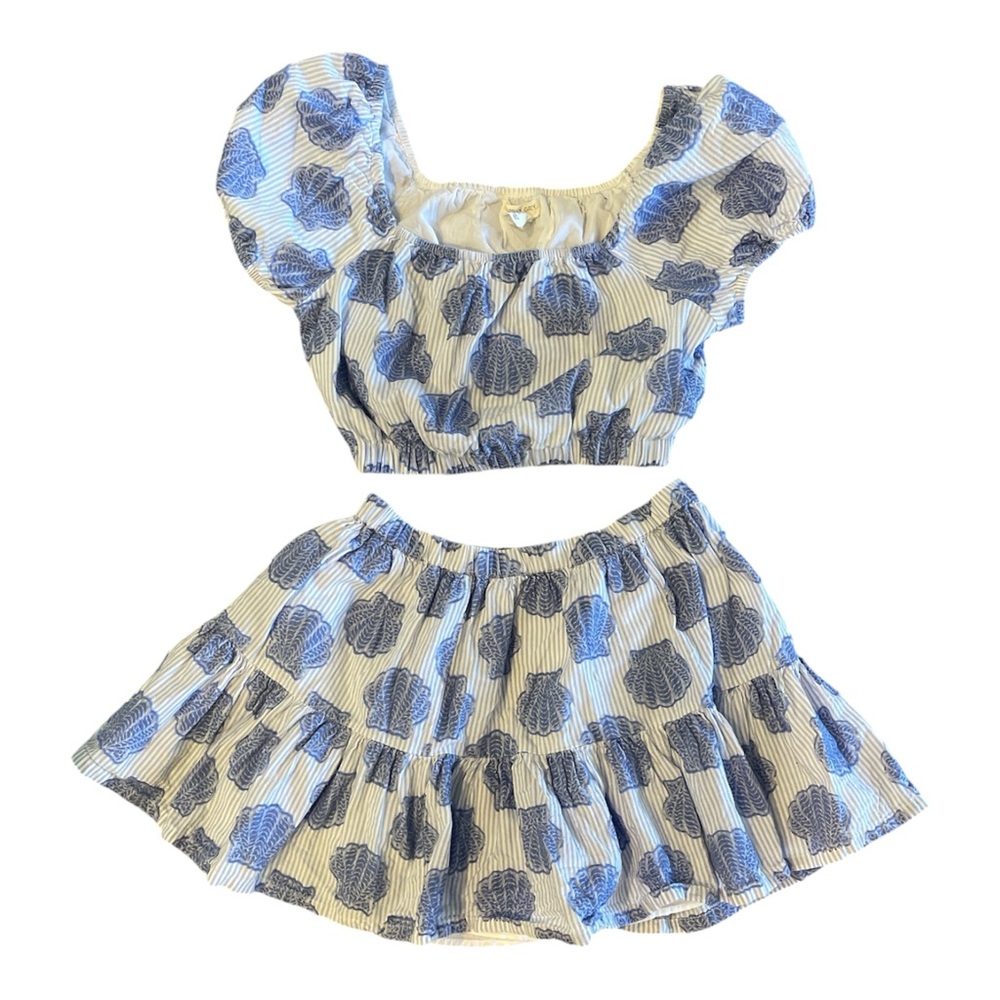 Happily Grey Junior Blue White Shells Two-Piece Outfit Top Skirt Set Girls M